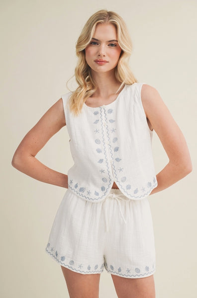 Embroidered Seashell Top