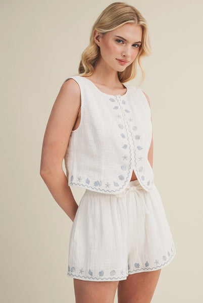 Embroidered Seashell Top